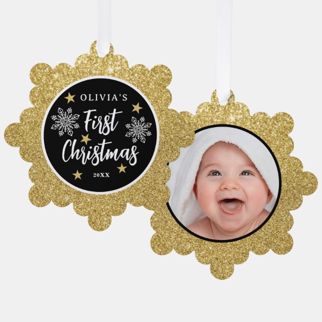Babys First Christmas Photo Gold Glitter Ornament Card (Front/Back)