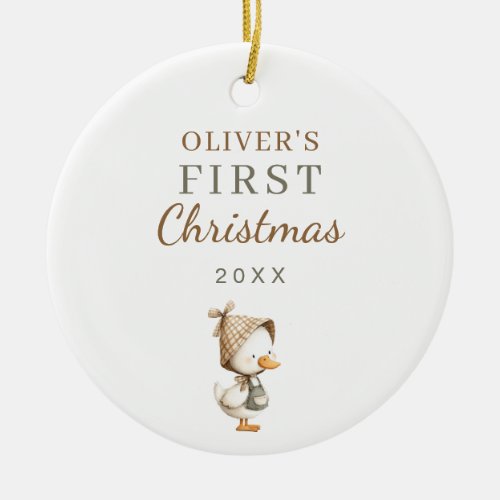 Baby's First Christmas Photo Goose Neutral Ceramic Ornament