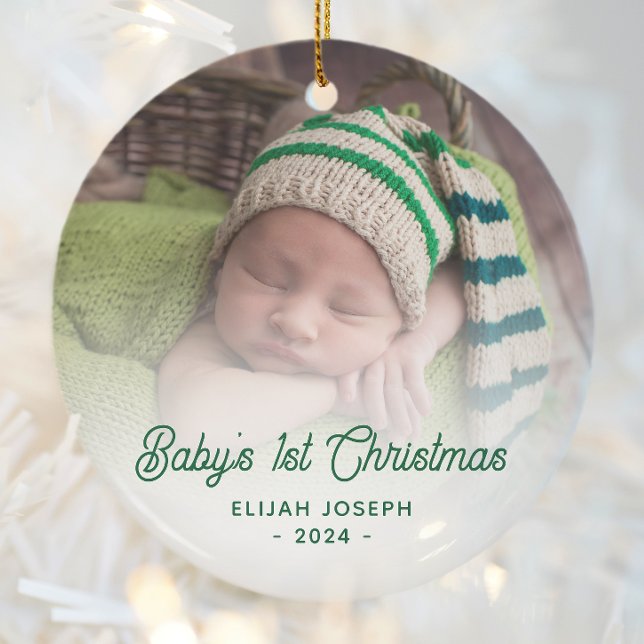 Baby's First Christmas Photo Greeen Retro Script Ceramic Ornament (Creator Uploaded)