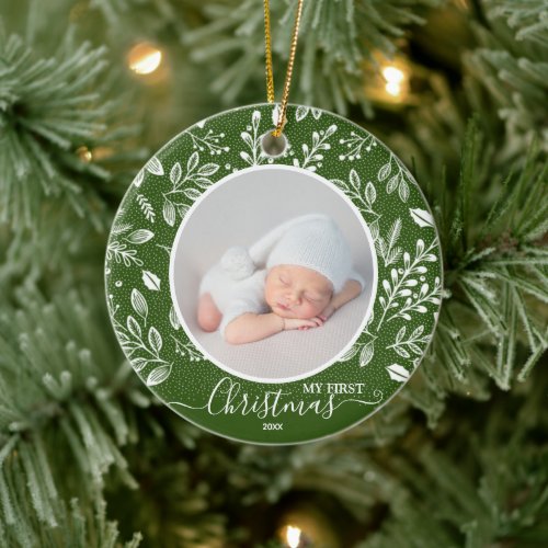 Babys First Christmas Photo Green Ceramic Ornament