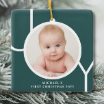 Baby's First Christmas Photo Green Ceramic Ornament<br><div class="desc">This stylish Baby's First Christmas Photo Ornament is decorated with the word JOY in white on a terracotta background.
Easily customizable with your photo and name.
Suitable for a boy or girl.</div>