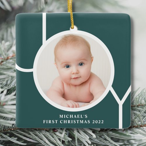 Babys First Christmas Photo Green Ceramic Ornament