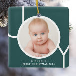 Baby's First Christmas Photo Green Ceramic Ornament<br><div class="desc">This stylish Baby's First Christmas Photo Ornament is decorated with the word JOY in white on a terracotta background.
Easily customizable with your photo and name.
Suitable for a boy or girl.</div>