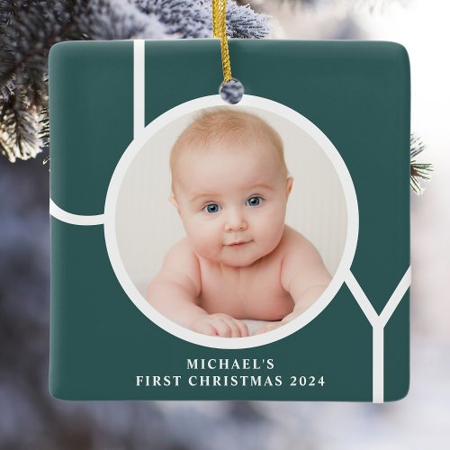 Babys First Christmas Photo Green Ceramic Ornament