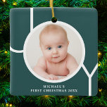 Baby's First Christmas Photo Green Ceramic Ornament<br><div class="desc">This stylish Baby's First Christmas Photo Ornament is decorated with the word JOY in white on a terracotta background.
Easily customizable with your photo and name.
Suitable for a boy or girl.</div>