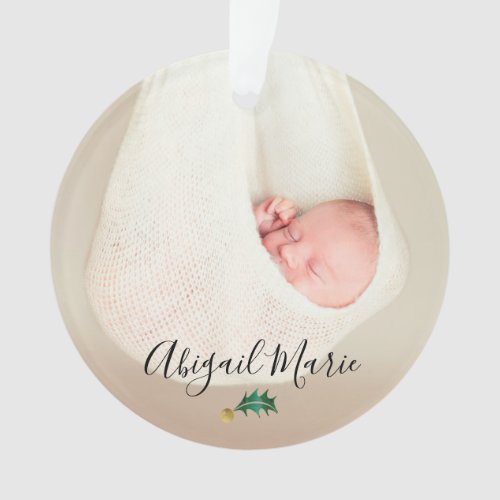 Babys First Christmas Photo Green  Gold Holly Ornament