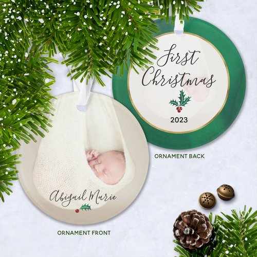 Babys First Christmas Photo Green   Red Holly Ornament