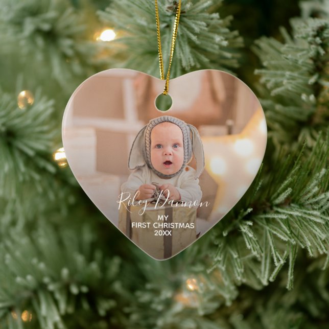 Baby's First Christmas Photo Heart Ceramic Ornament (Tree)