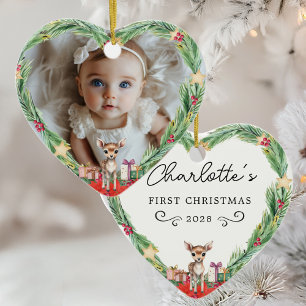 Baby's First Christmas–Photo-Heart-Reindeer Ceramic Ornament