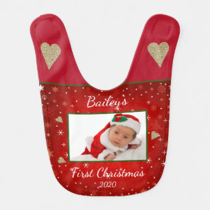 Baby's First Christmas Photo Heart Snowflake Cute Baby Bib