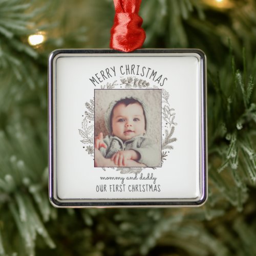 Babys First Christmas Photo Heirloom For Mom Dad  Metal Ornament