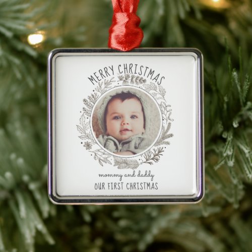 Babys First Christmas Photo Heirloom For Mom Dad Metal Ornament