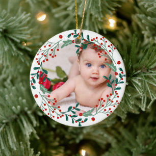 Baby's first christmas photo holiday cherry ceramic ornament