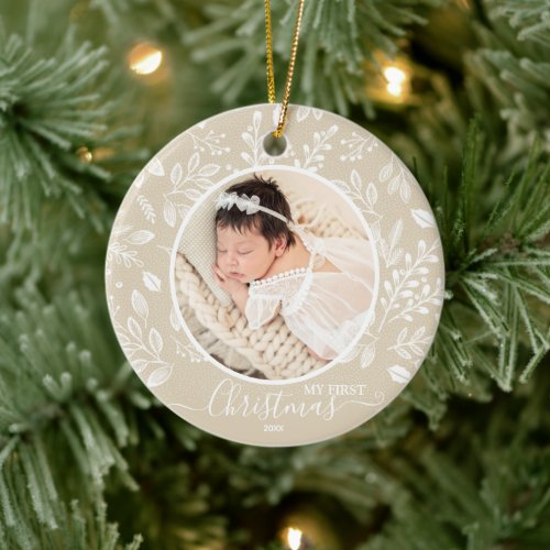 Babys First Christmas Photo Ivory Ceramic Ornament