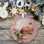 Baby's First Christmas Photo Keepsake Ornament Card<br><div class="desc">Beautiful Baby's First Christmas wrapped in golden lights and holly against a pink blush background making a unique gift and keepsake for all your best wishes during the holiday season.  Easily personalize with your name and favorite photo of your choice.</div>