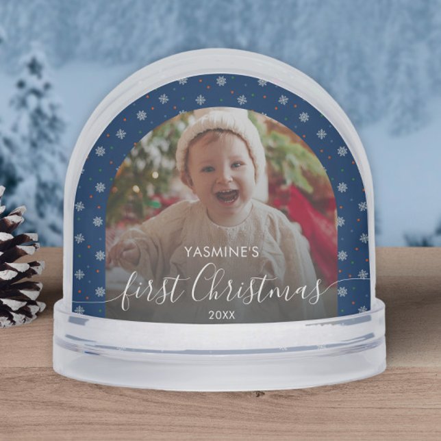 Baby's first Christmas photo keepsake snowflakes  Snow Globe (Personalized blue snowflakes Baby's first Christmas keepsake with custom photo and text)