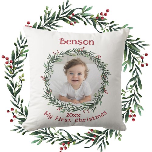 Babys First Christmas Photo Keepsake  Throw Pillow