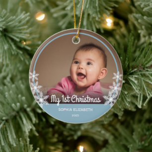 Baby's First Christmas Photo Light Blue Ceramic Ornament