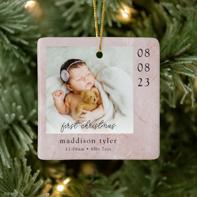 Baby's First Christmas Photo Marble Ceramic Ornament (Tree)