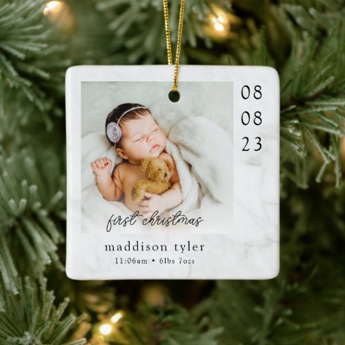 Babys First Christmas Photo Marble Ceramic Ornament