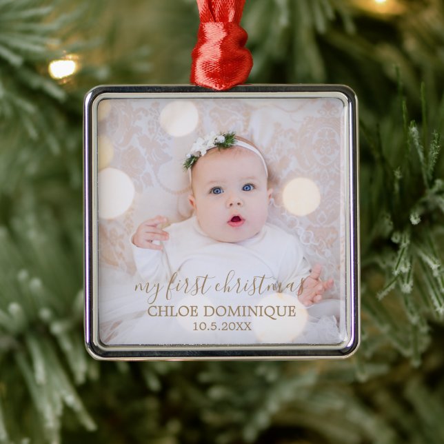 Baby's First Christmas Photo Metal Ornament (Tree)