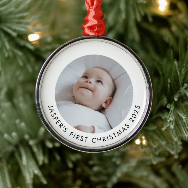 Baby's First Christmas Photo Metal Ornament (Tree)