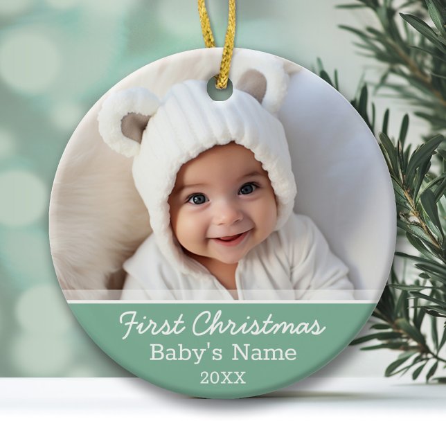 Baby's First Christmas Photo Mint Green Minimal Ceramic Ornament (A cute Baby's First Christmas Ornament with photo and mint green accents)