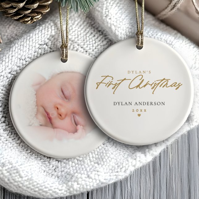 Baby's First Christmas Photo Modern Minimalist Ceramic Ornament (Creator Uploaded)