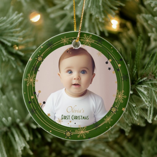 Baby's First Christmas Photo Name Custom Garland Ceramic Ornament (Creator Uploaded)