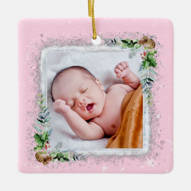 Baby's First Christmas Photo Name Date of Birth Ceramic Ornament (Front)