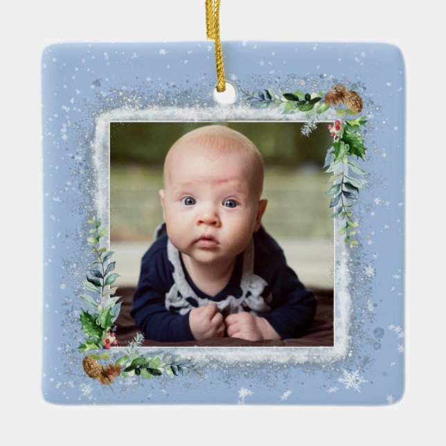 Baby's First Christmas Photo Name Date of Birth Ceramic Ornament (Front)