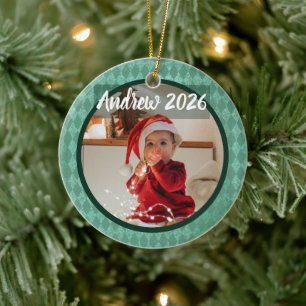Baby's first Christmas photo name on green Ceramic Ornament