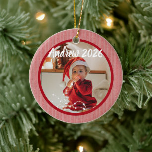 Baby's first Christmas photo name on red stripes Ceramic Ornament