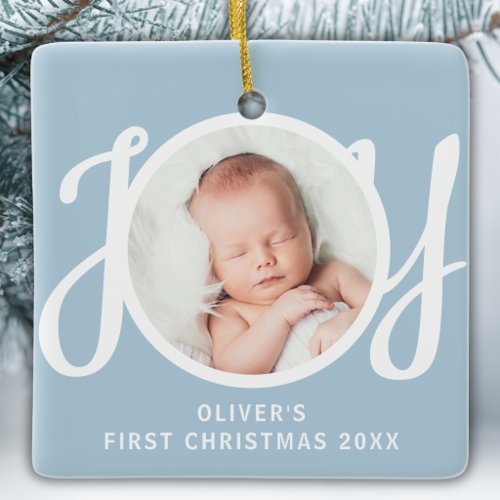 Baby's First Christmas Photo Name Pale Blue Ceramic Ornament