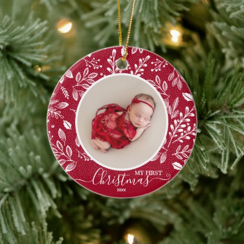 Babys First Christmas Photo on Cranberry Ceramic Ornament