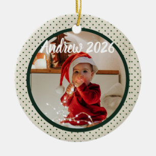 Baby's first Christmas photo on green polkadots Ceramic Ornament