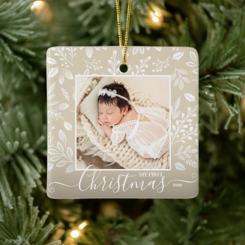 Babys First Christmas Photo on Ivory Ceramic Ornament