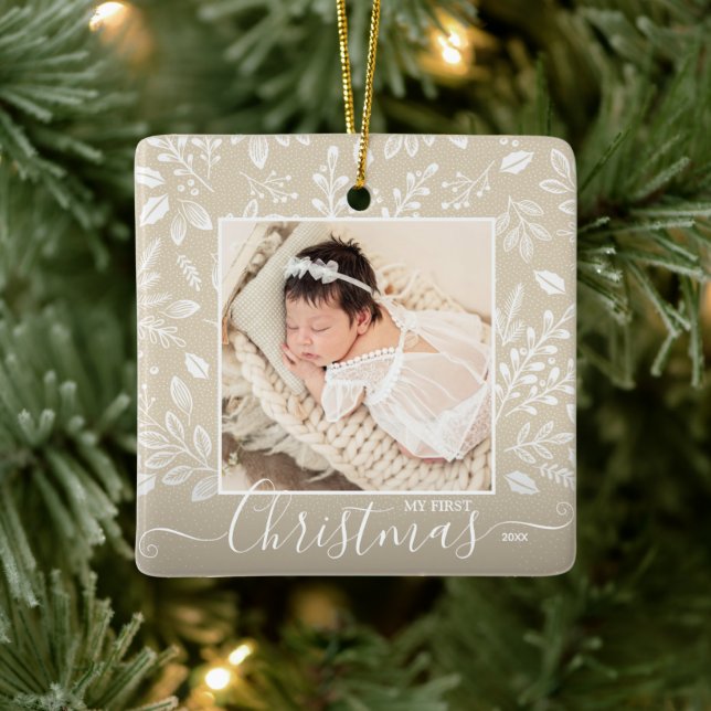 Baby's First Christmas Photo on Ivory Ceramic Ornament (Tree)