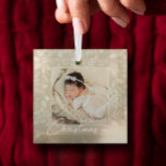 Baby's First Christmas Photo on Ivory Glass Ornament<br><div class="desc">Your favorite photo on white leaves, berries and dots and ANY COLOR background (we show ivory.) TIP: Upload a high resolution, photo cropped to square shape. This Christmas ornament makes a memorable gift for family and friends or create just for yourself - great party favors, too! MORE colors and designs...</div>