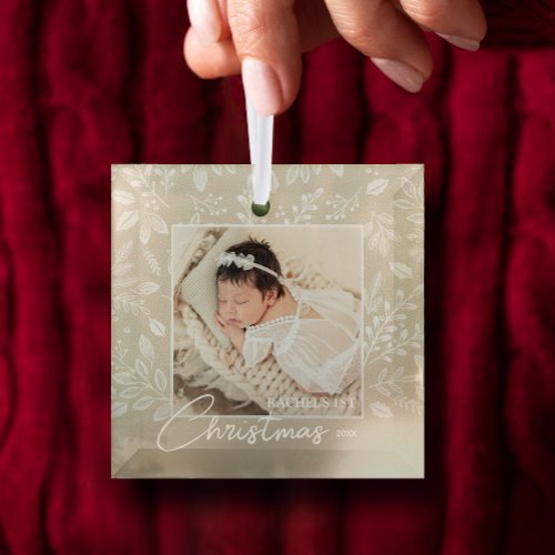 Babys First Christmas Photo on Ivory Glass Ornament