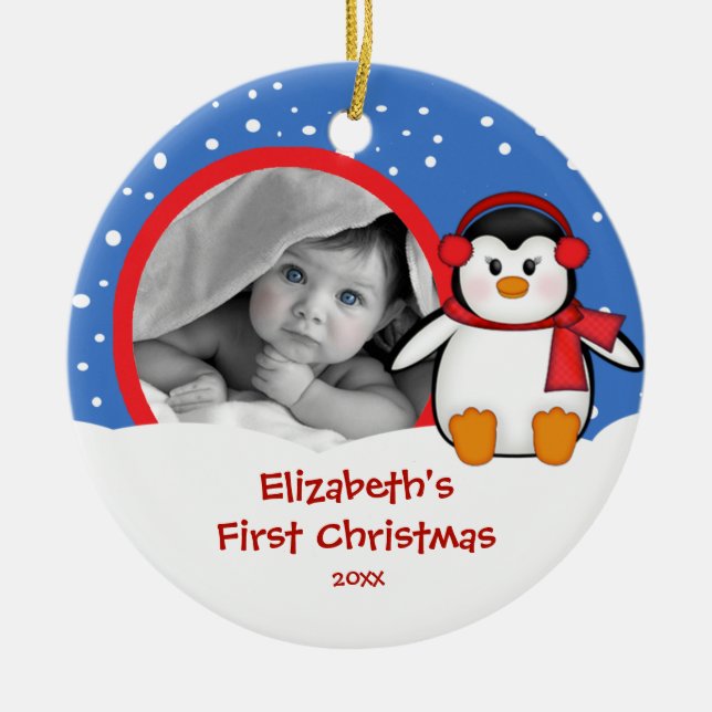 Babys First Christmas Photo Ornament Penguin (Front)