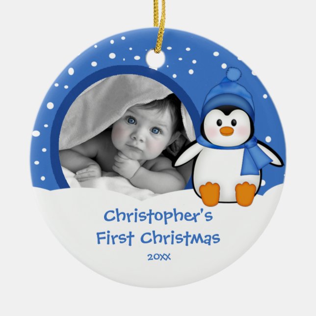 Babys First Christmas Photo Ornament Penguin (Front)