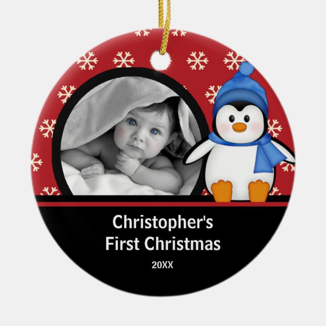 Babys First Christmas Photo Ornament Penguin (Front)