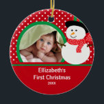 Babys First Christmas Photo Ornament Snowman<br><div class="desc">Cute Photo Christmas Ornament featuring an adorable girl Snowman set on a pink & white polka dot background,  just add YOUR PHOTO!  Perfect for first christmas & second christmas.  A Wonder Christmas gift sure to be treasured for many years to come.</div>