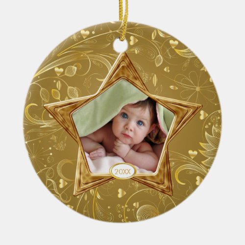 Babys First Christmas Photo Ornament Star Gold