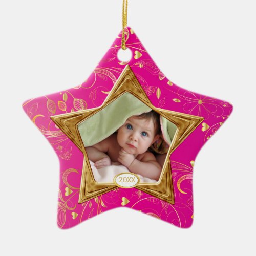 Babys First Christmas Photo Ornament Star Pink