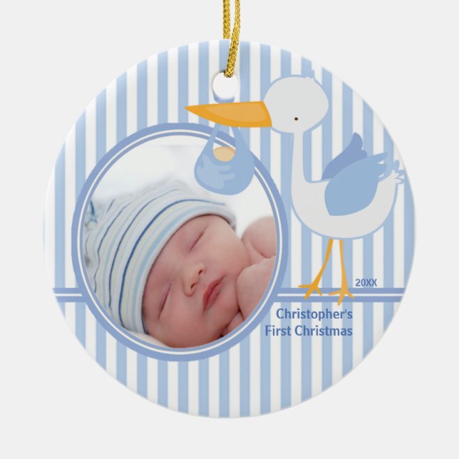 Babys First Christmas Photo Ornament Stork Boy (Front)