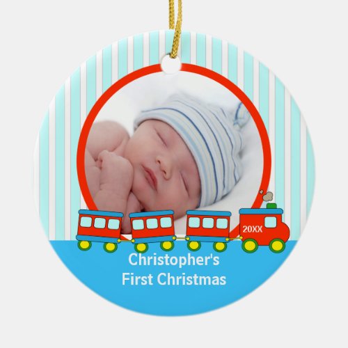 Babys First Christmas Photo Ornament Trains