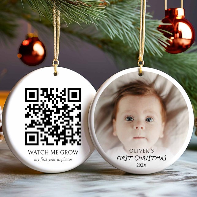 Baby's First Christmas Photo Ornament with QR Code (Baby's First Christmas Photo Christmas Ornament with QR Code)