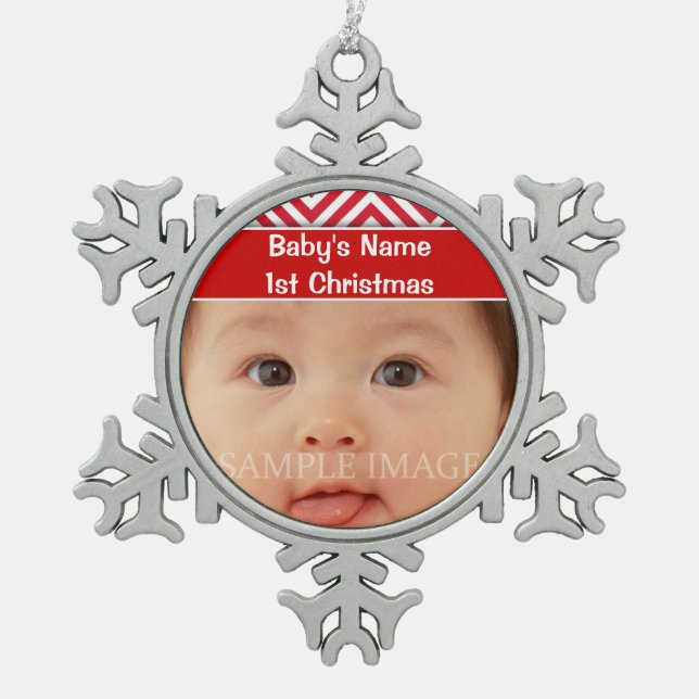 Baby's first christmas photo personalize snowflake pewter christmas ornament (Front)